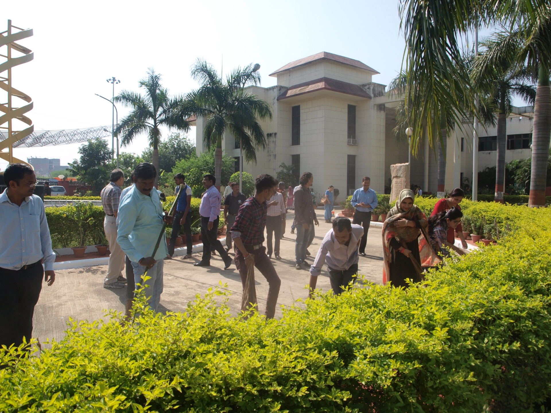 Staff and volunteers sweeping the Biotech Park campus during Swachhta Abhiyan